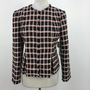 CeCe Pink Black Gold Plaid Tweed Blazer Jacket